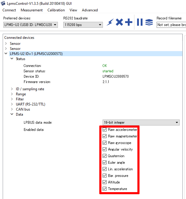 LpmsControl enable data ouput