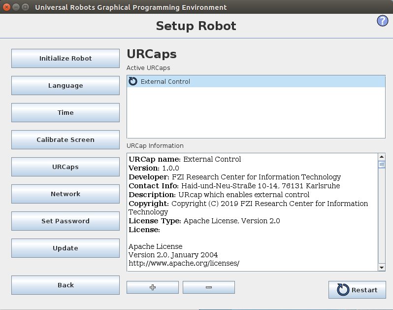 URCaps screen with installed urcaps