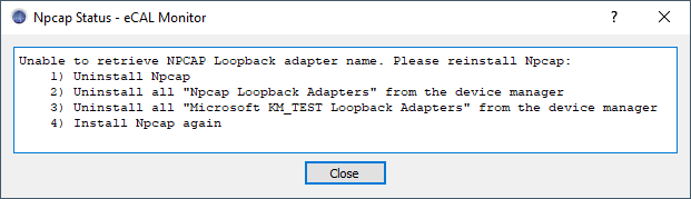 eCAL Monitor System Information (Npcap Error)