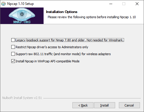 Npcap install options