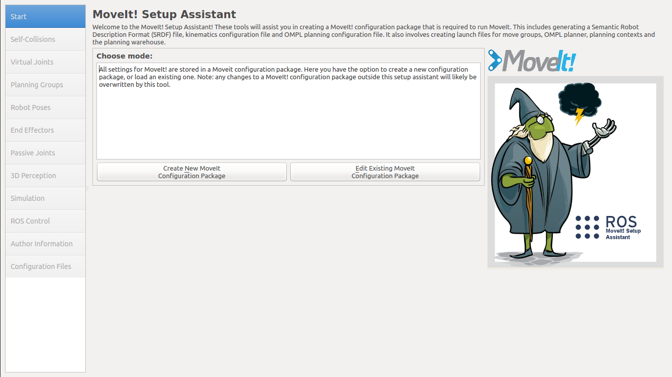 Start assistant. MOVEIT configure desired Launch files. MOVEIT rrtstar. Monterey Error Setup Assistant.